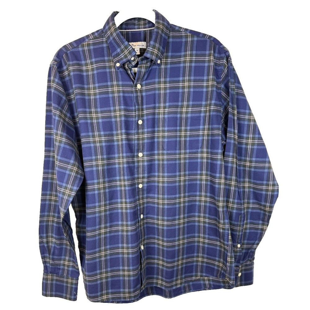 Peter Millar Crown Nowell Navy Plaid Soft Cotton Sport Shirt Men's Size Medium
